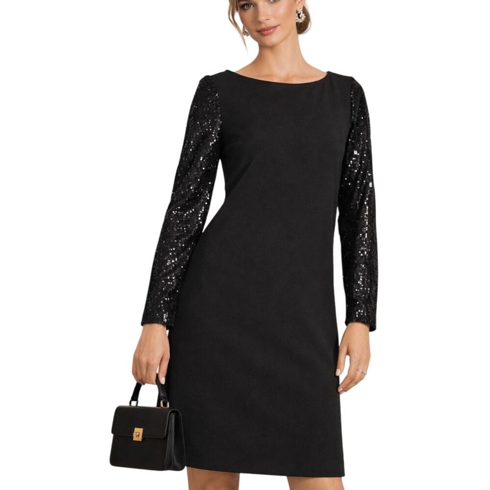 Marina Sequin Shift Dress Black NWOT Designer Quiet Luxury Modest Sophisticated